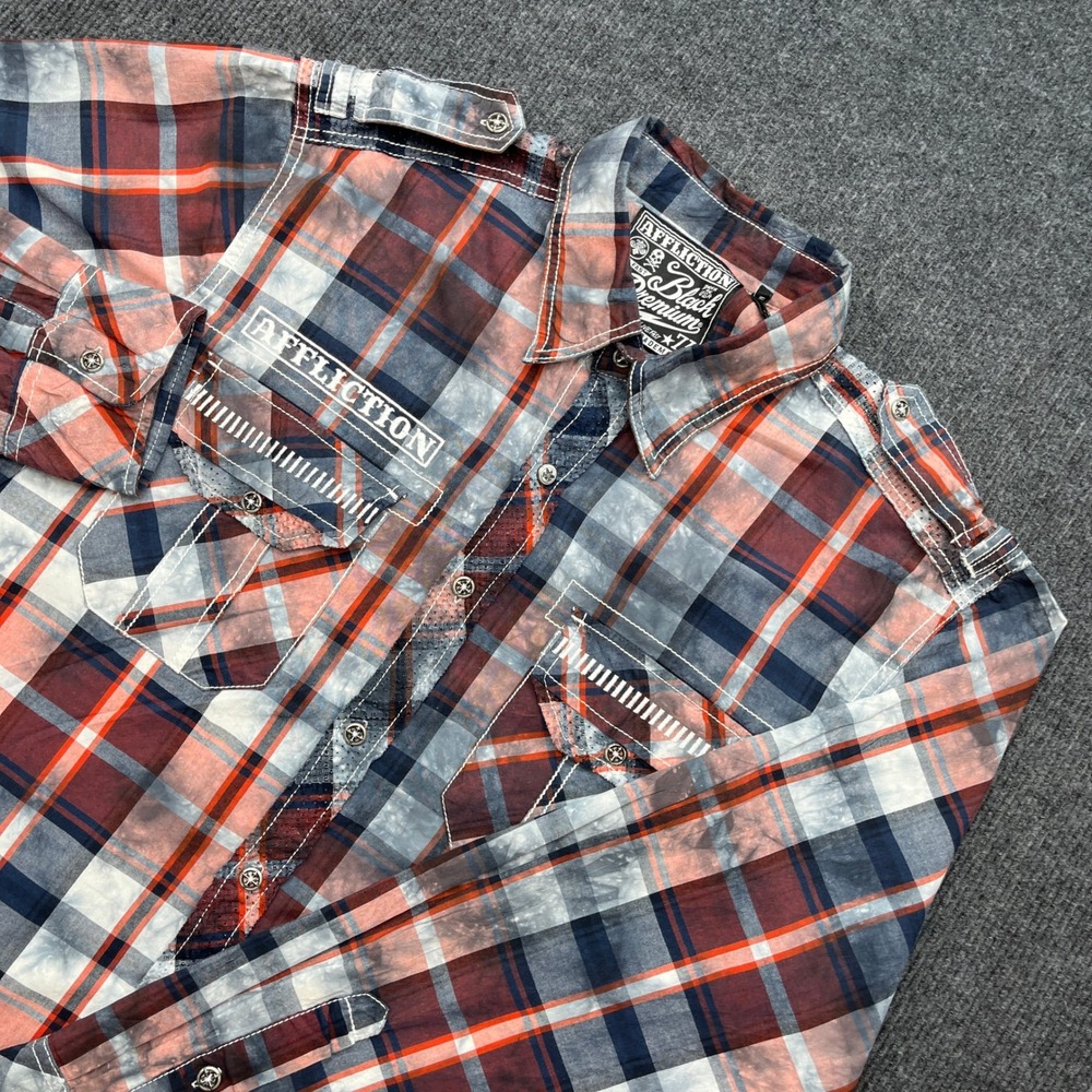Affliction Black Premium Shirt Large Slim Red Blue Plaid Acid Wash‎ Y2K Moto